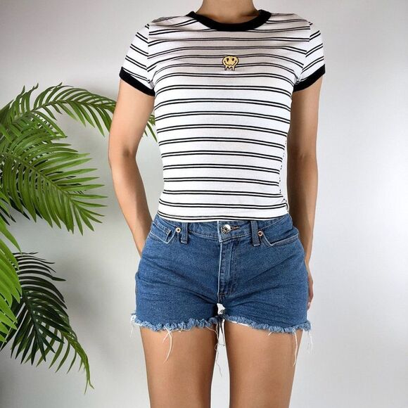 Vintage Y2K Style Indie Grunge Striped Short sleeve Smiley Face T-Shirt / Sz: XS - Picture 1 of 3